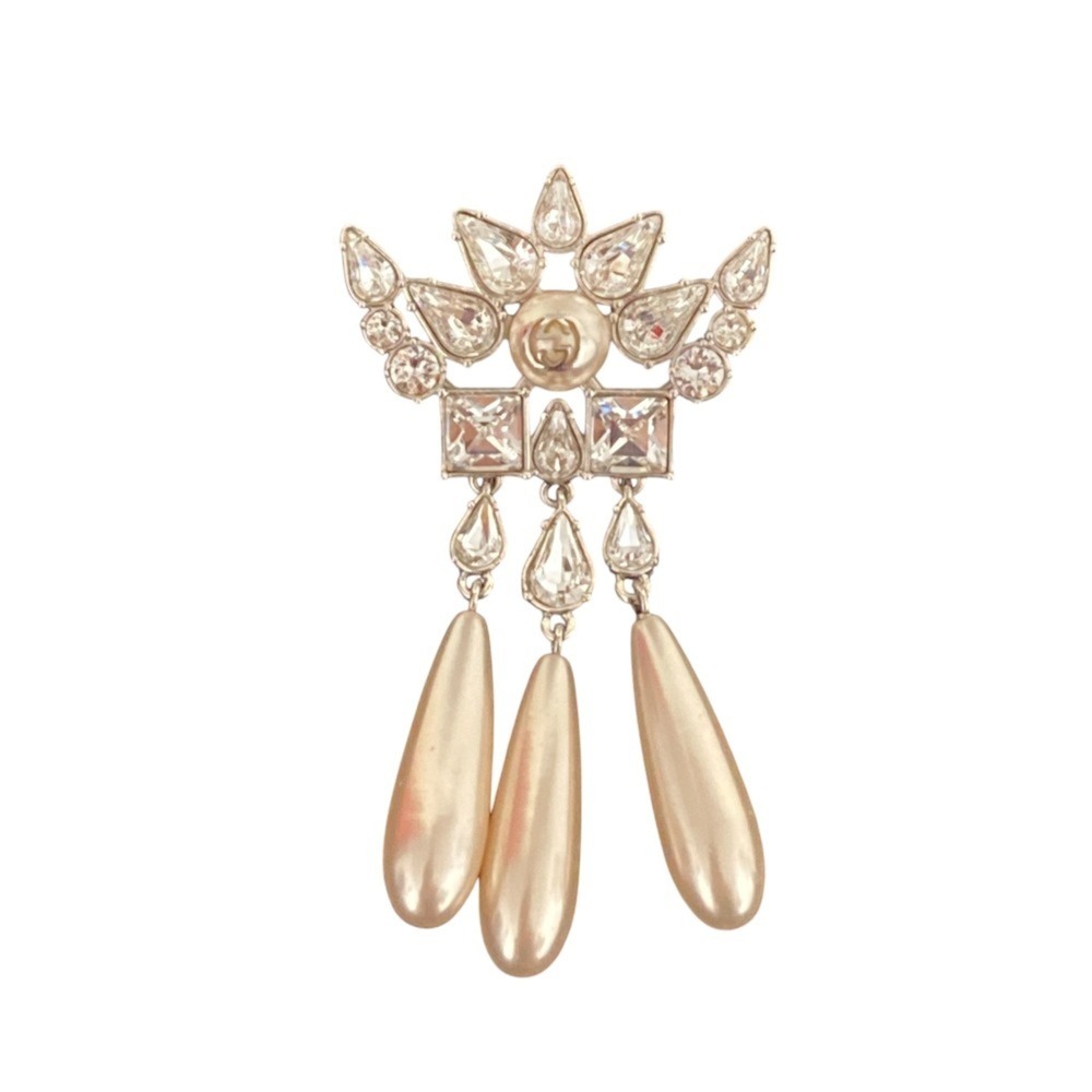 GUCCI Interlocking G Rhinestone Faux Pearl Pin Badge Brooch, Silver Color, Wo...